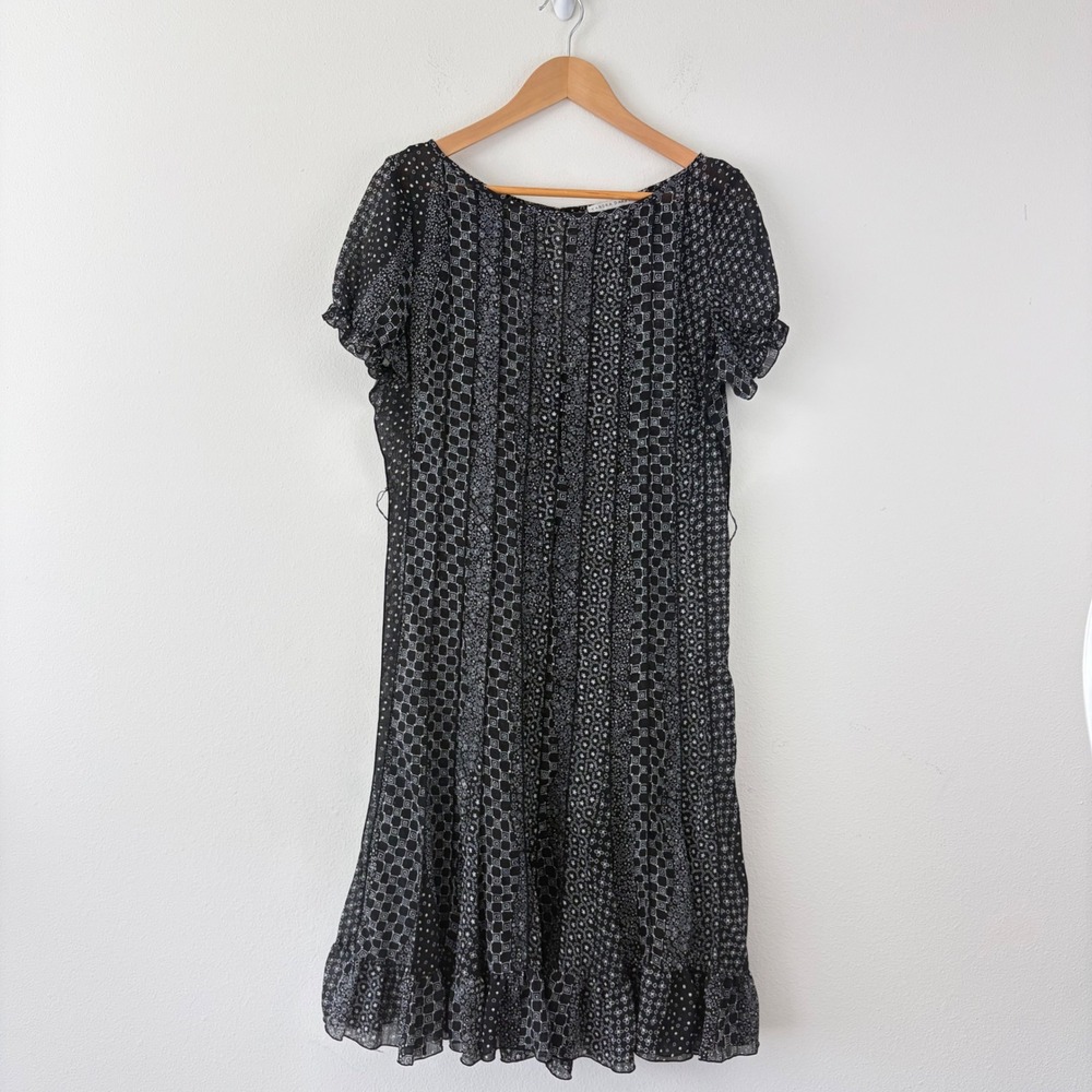 Vintage Whimsigoth Sheer Black White Ruffle Hem Dress Size 6 Retro Feminine